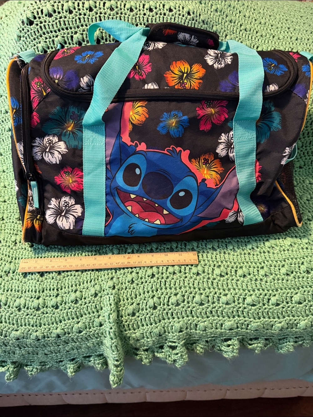Disney Black Floral Stitch Travel Duffel with Teal Handles